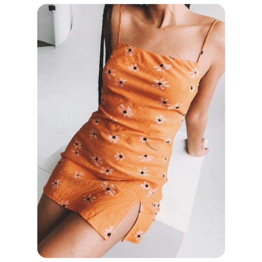!! Polly Celia Orange Floral Spaghetti Strap Mini Dress sz US 8